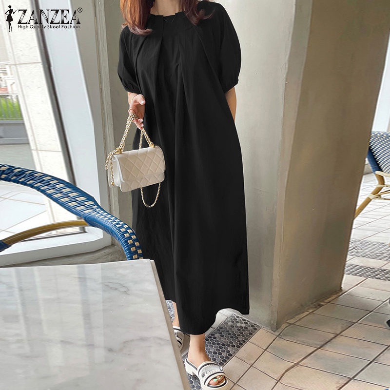 Đầm dài ZANZEA tay phồng xếp ly phối thắt lưng phong cách đường phố Hàn Quốc