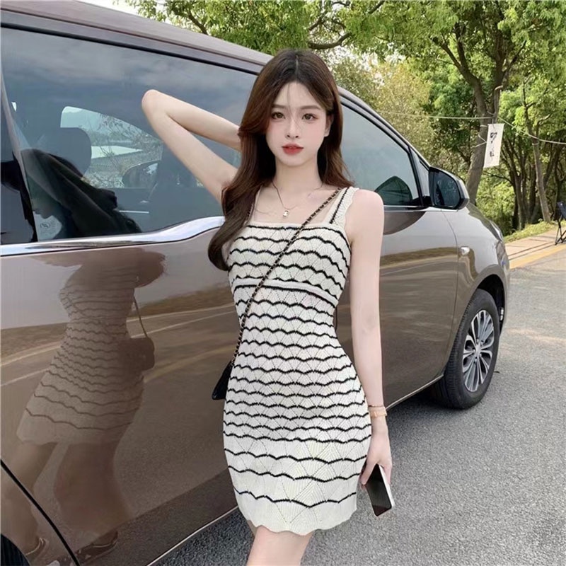 Đầm XINLANYASHE hai dây kẻ sọc thời trang Hàn Quốc mới cho nữ