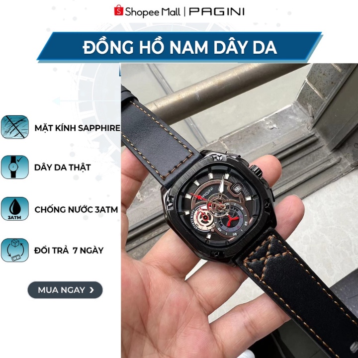 Đồng Hồ Nam Pagini PA3366 dây da thật, thiết kế từ italia, kiểu dáng độc đáo, sang trọng Full Box