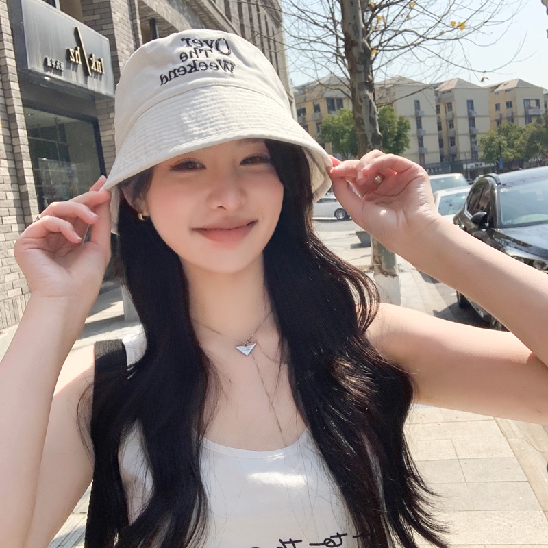 Mũ Bucket Chất Liệu Cotton Thêu Chữ Phong Cách Retro Hàn Quốc Cho Nữ