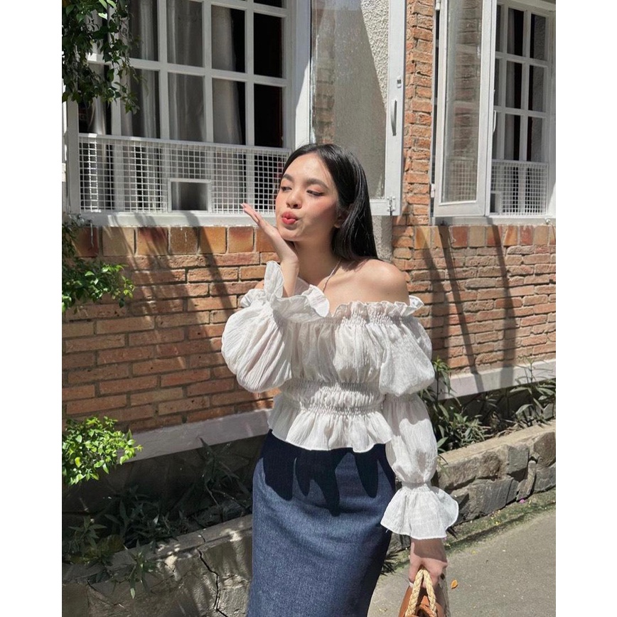 Set áo trắng bẹt vai tay dài+chân váy midi xanh💖 KÈM ẢNH THẬT