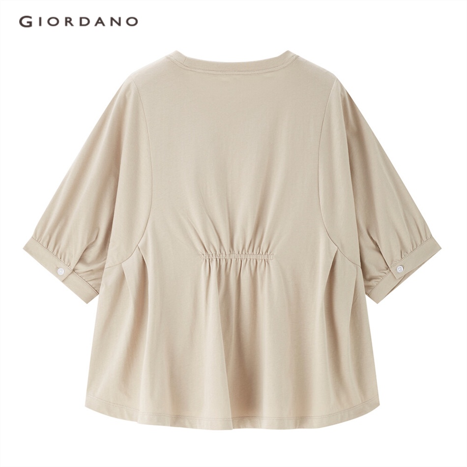 Áo thun GIORDANO 13323308 cotton cổ tròn tay phồng xếp ly thời trang dành cho nữ