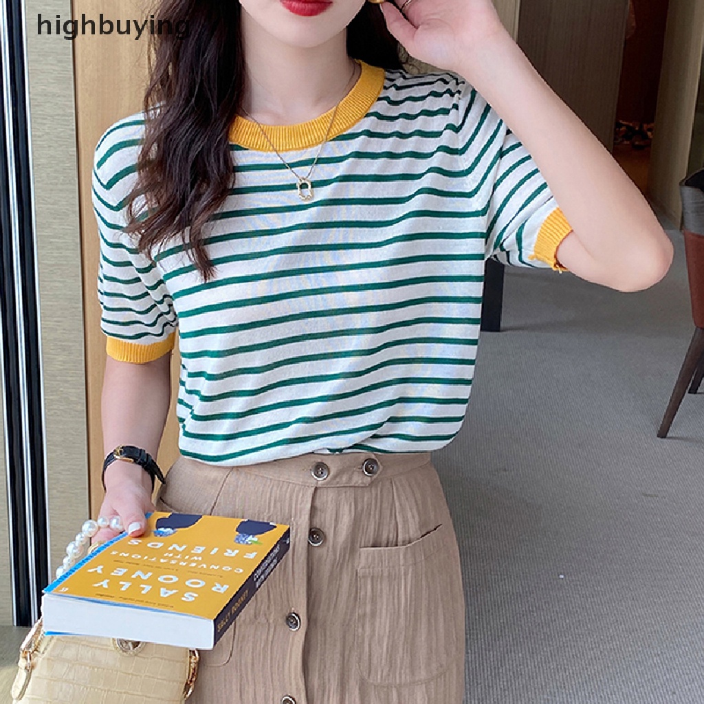 Áo Thun Dệt Kim Tay Ngắn Cổ Tròn Họa Tiết Kẻ Sọc Thời Trang Mùa Hè Cho Nữ