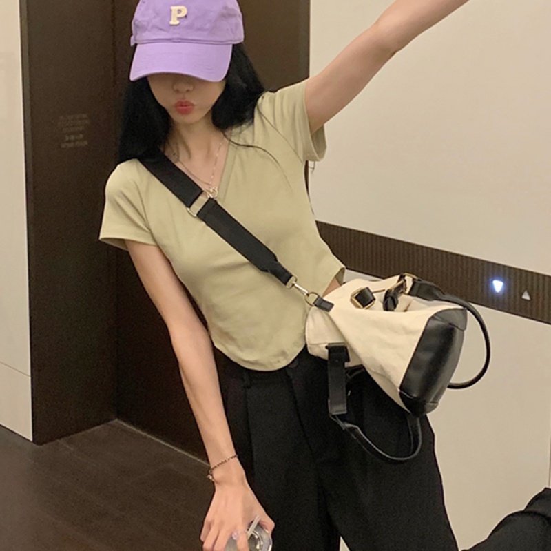 IELGY  Áo Thun Tay Ngắn Cổ Chữ v Phía Trước Phong Cách Mỹ Cho Nữ