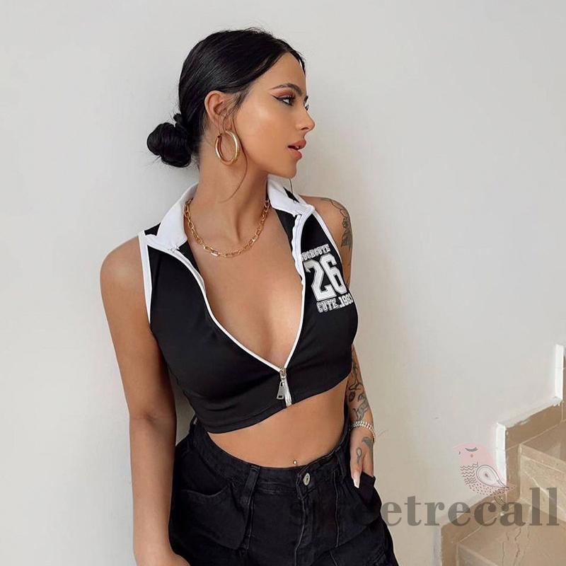 Áo Tank Top Sát Nách Có Khóa Kéo In Số Thời Trang Mùa Hè Cho Nữ