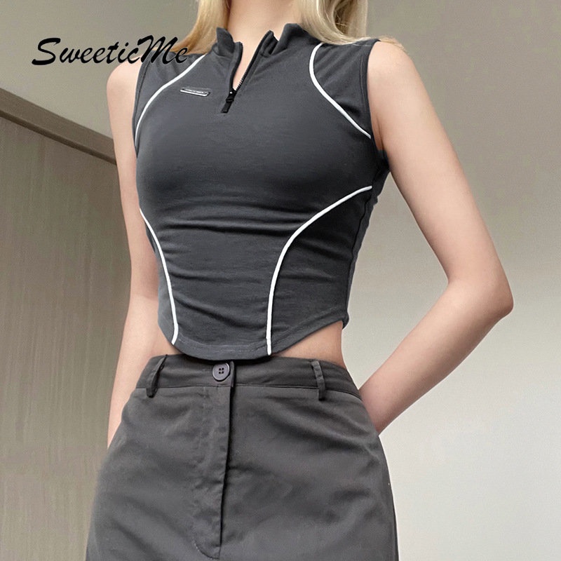 Áo Thun Thể Thao Sát Nách Phối Màu Tương Phản Có Khóa Kéo Thời Trang 2023 Cho Nữ