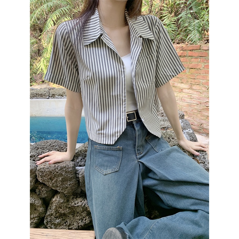 Lalisas Áo Sơ Mi Ngắn Tay Họa Tiết Kẻ Sọc Thời Trang Hàn Quốc Dành Cho Nữ