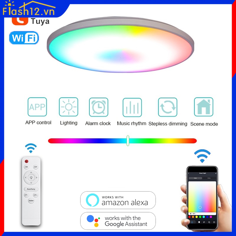Tuya Wifi trần thông minh 36W RGB CW LED trần mặt dây chuyền Ứng dụng Điều khiển bằng giọng nói tương thích với Alexa/Google Home/ Ifttt00, phòng khách áp dụng phòng ngủ