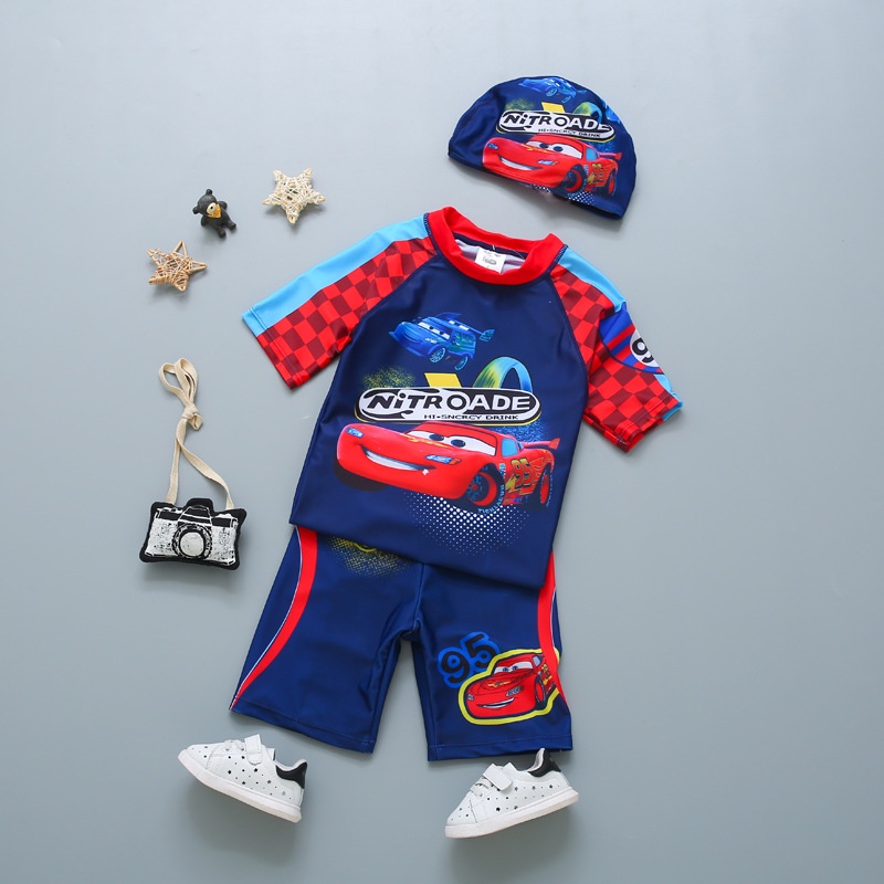 Bộ Đồ Bơi 3 Món Tay Ngắn In Hoạt Hình 95 MC Queen Kèm Nón Dành Cho Bé Trai