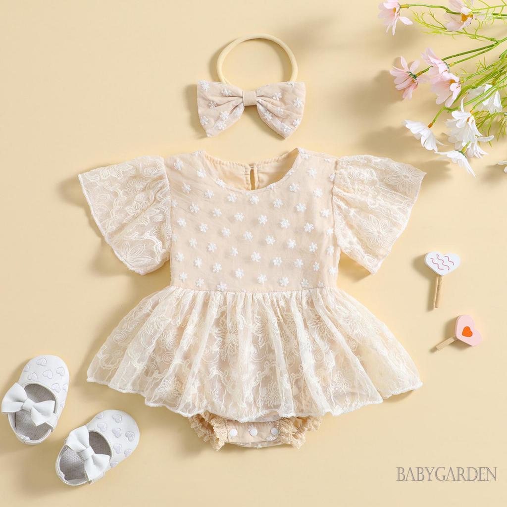 Bộ Áo Liền Quần Ngắn Tay Cổ Tròn Thêu Hoa Phối Ren Kèm Băng Đô Cài Tóc Thời Trang Mùa Hè Cho Bé Gái 3-24 Tháng Tuổi