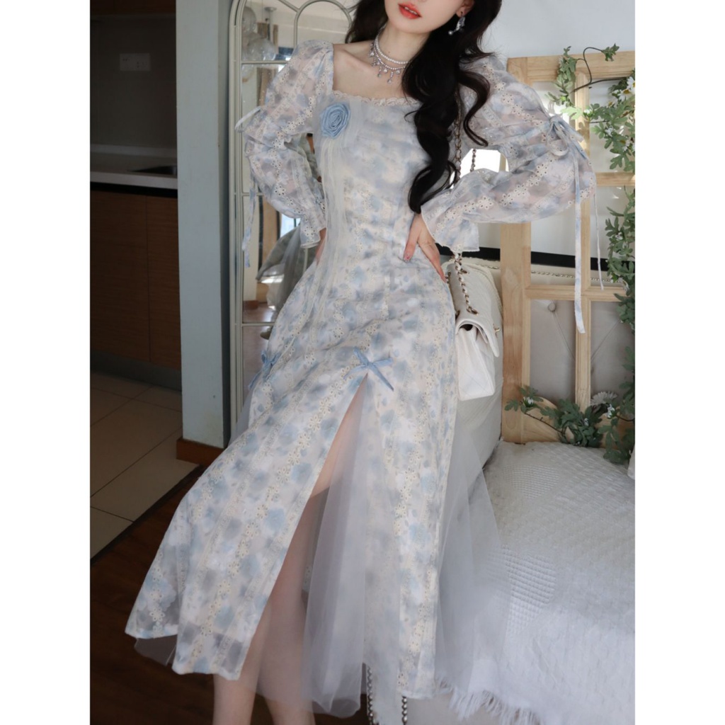 Đầm Hoa Cổ Vuông Phong Cách Trung Quốc Thời Trang Mùa Xuân Mới Cho Nữ