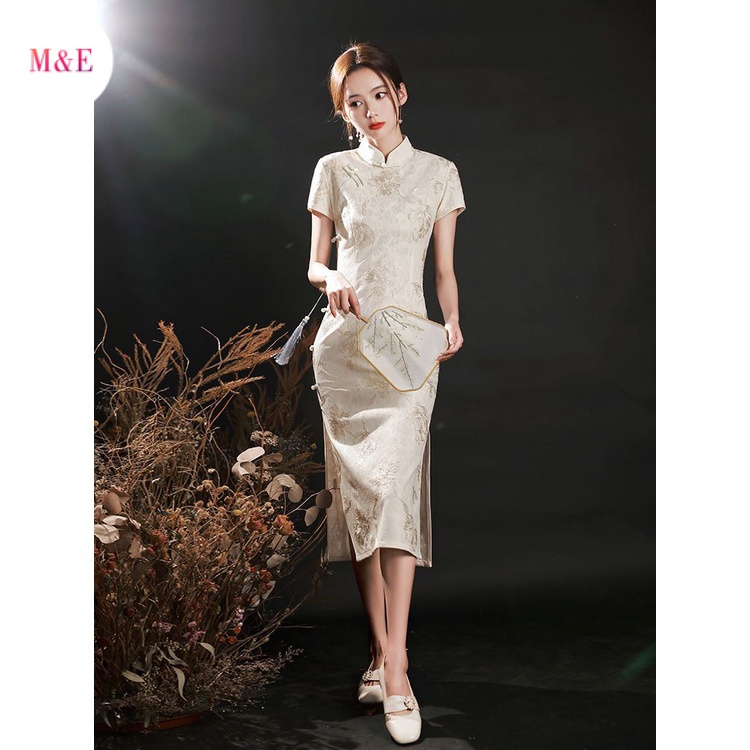 M &amp; E 2023 Đầm Sườn Xám Cách Tân Cao Cấp Phong Cách Mới Mùa Hè 2023 Phong Cách Retro Thanh Lịch Cao Cấp Cho Nữ FXUO