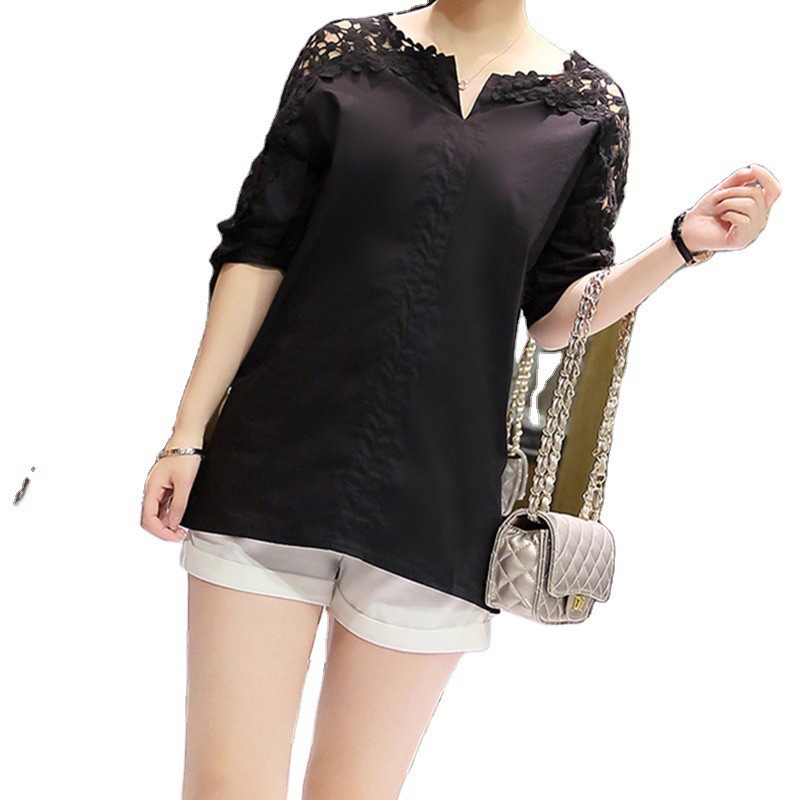 MS064 Áo sơ mi cổ thuyền tay lỡ phối ren sang trọng