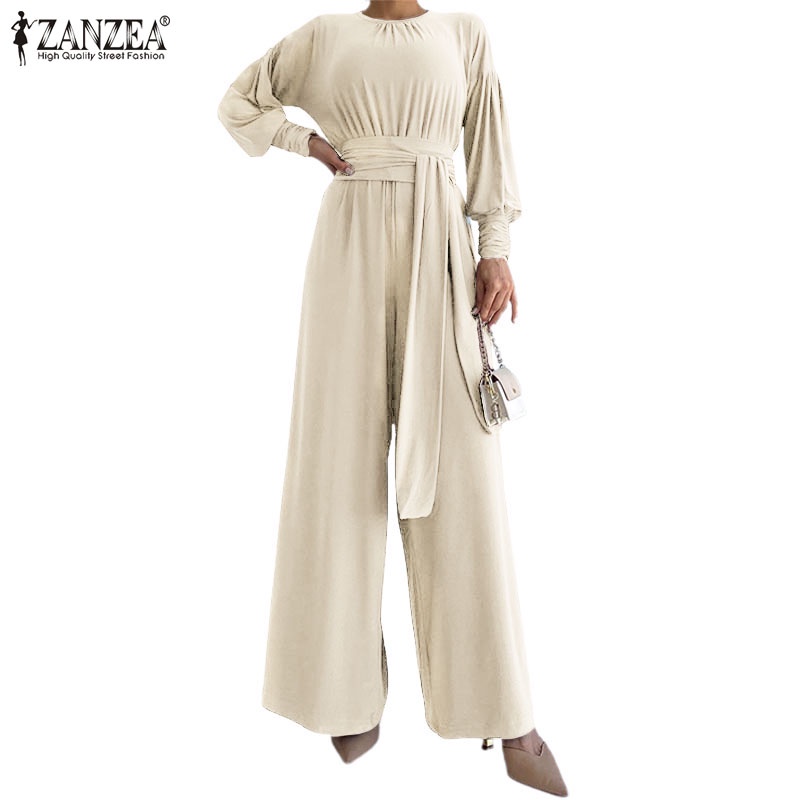 ZANZEA Jumpsuit Dài Tay Cổ Tròn Hở Vai Thời Trang Nữ Tính