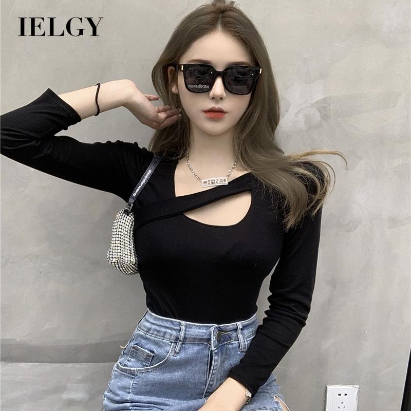 IELGY   Áo Thun Dáng Ôm Màu Trơn Khoét Rỗng Dễ Phối Đồ Thời Trang Cho Nữ