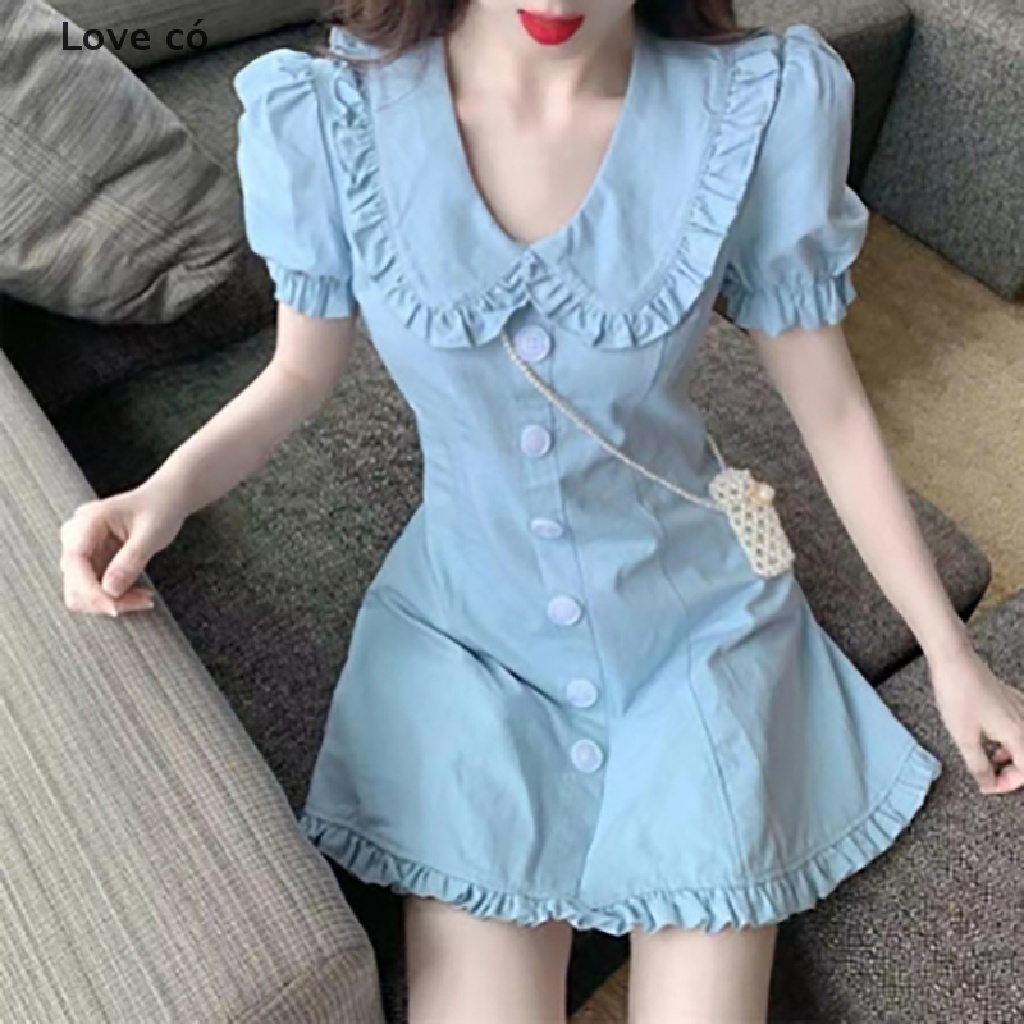 Đầm Mini Tay Ngắn Cổ Peter Pan Dáng Chữ A Màu Trơn Cài Nút Thời Trang Mùa Hè Cho Nữ