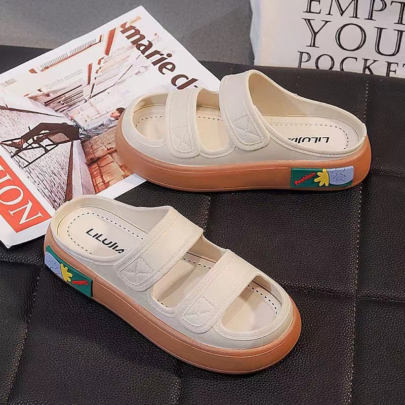 Sandal nữ Giày búp bê dép quai ngang giày lười nữ đi biển Trắng