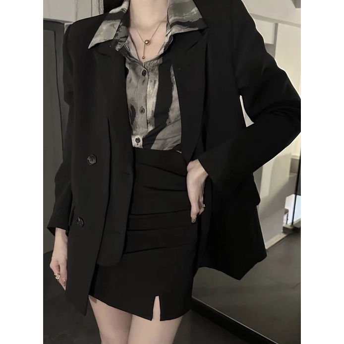 Bộ Áo Khoác Vest + Áo Thun + Chân Váy Ngắn Dáng Rộng Thời Trang Mùa Xuân   Cho Nữ