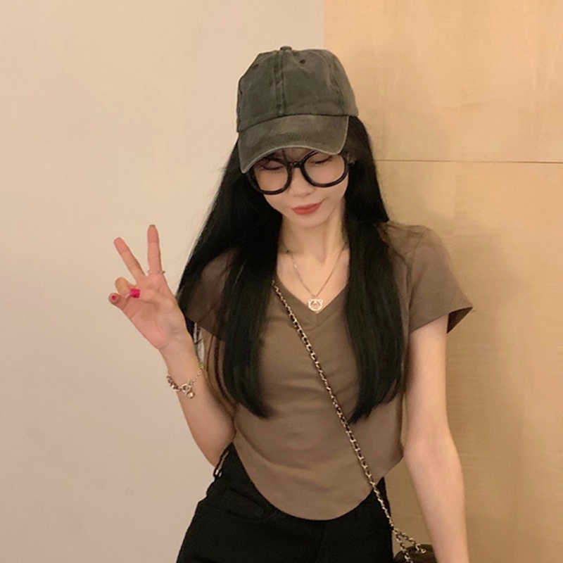 IELGY  Áo Thun Tay Ngắn Cổ Chữ v Phía Trước Phong Cách Mỹ Cho Nữ