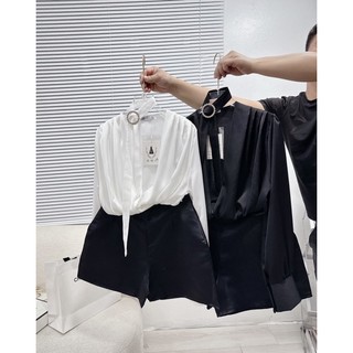 Set áo lụa cổ v vạt chéo quần đùi đen 2 màu basic dễ mặc