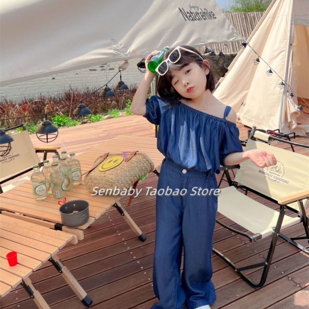 Bộ Áo Thun Tay Ngắn + Quần Yếm Denim Phong Cách Hàn Quốc Thời Trang Mùa Hè Cho Nữ