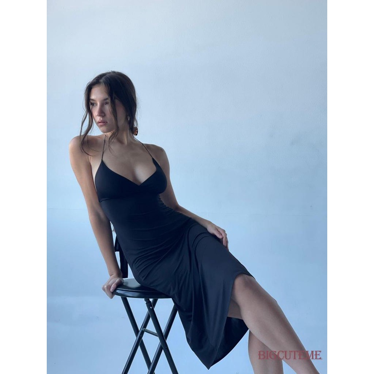 Đầm Midi Hai Dây Cổ Chữ V Màu Đen Thời Trang Mùa Hè Cho Nữ