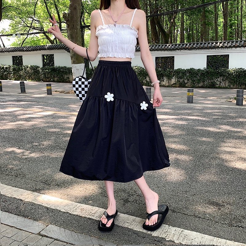 IELGY  Chân Váy Dài Lưng Cao In Họa Tiết Hoa Phong Cách Hàn Quốc Thời Trang Cho Nữ