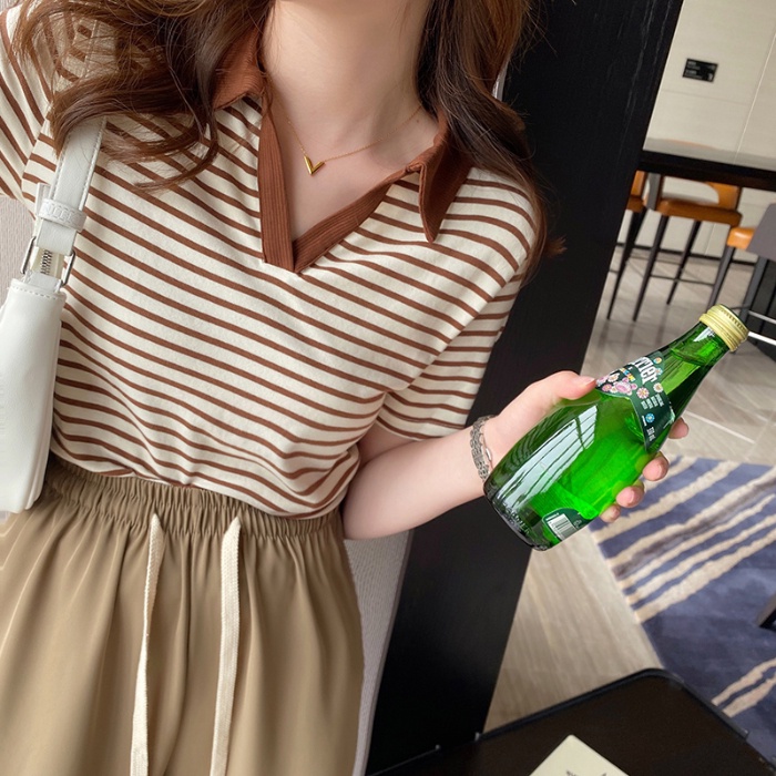 SUXI Áo polo Ngắn Tay Form Rộng Họa Tiết Kẻ Sọc Phong Cách Vintage