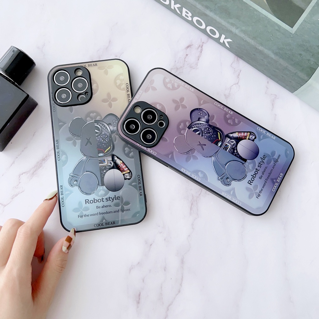 Ốp Điện Thoại Kính Cường Lực Viền tpu Dẻo In Hình Gấu Đơn Giản Thời Trang Cho iPhone 14 13 12 11 PRO MAX XR XS 7 8Plus