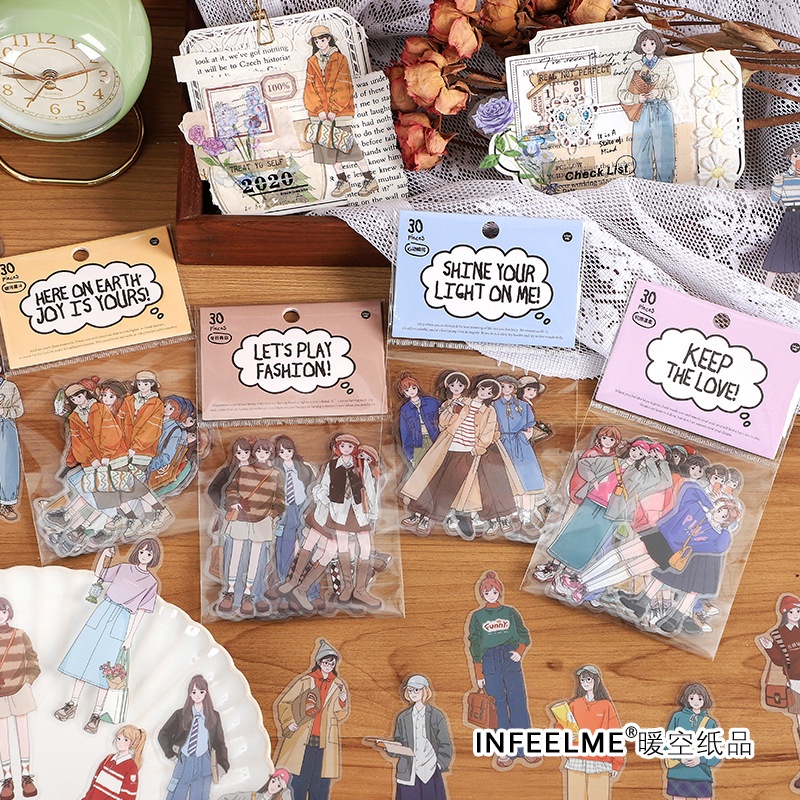 Bộ 30 Miếng Dán PET Nhân Vật Hoạt Hình Trang Trí Sổ Tay DIY