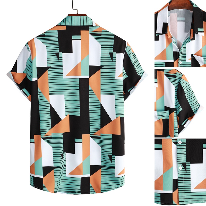 Áo Sơ Mi Tay Ngắn Dáng Rộng In Họa Tiết Hình Học / Màu Đen / Xanh Lá / Trắng Cài Nút Thời Trang Đường Phố Cho Nam