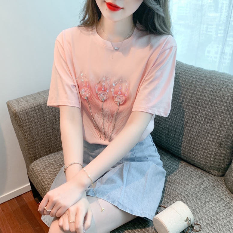Áo Thun Cotton Cổ Tròn Đính Hạt Cườm Hạt Cườm Phong Cách Công Nghiệp Thời Trang Mùa Hè Mới 2023