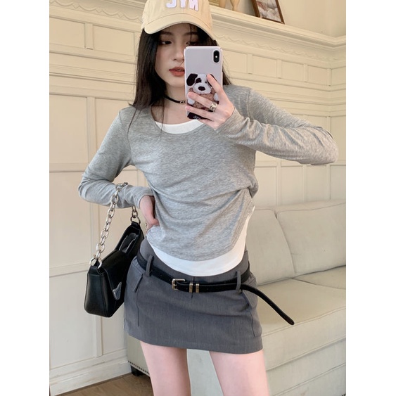 COZOK Áo Thun Tay Dài Dáng Ôm Chắp Vá Thời Trang Và Độc Đáo