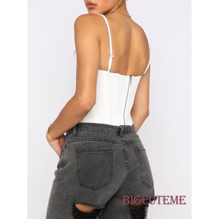 [] - Áo Hai Dây Mỏng Mùa Hè Viền Cắt Sâu Không Đều Màu Trắng / Đen Cho Nữ