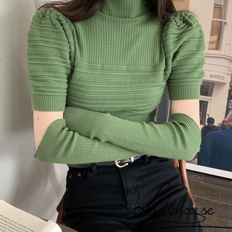 Áo Dệt Kim Tay Ngắn Cổ Cao Màu Trơn Thời Trang Xuân Thu Cho Nữ