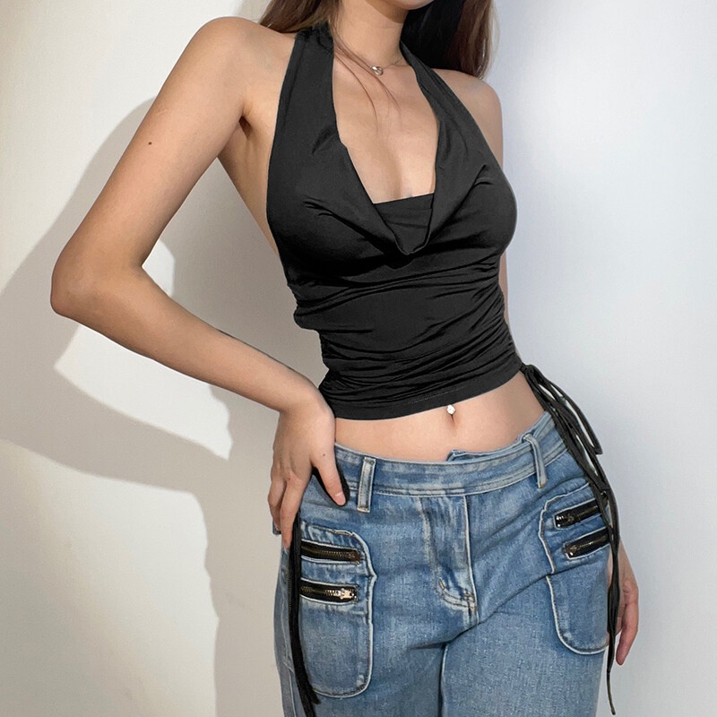 Kliou Áo Tank Top Hai Dây Vải Lụa Co Giãn Cổ Thấp Thời Trang Đường Phố Hàng Ngày 2023