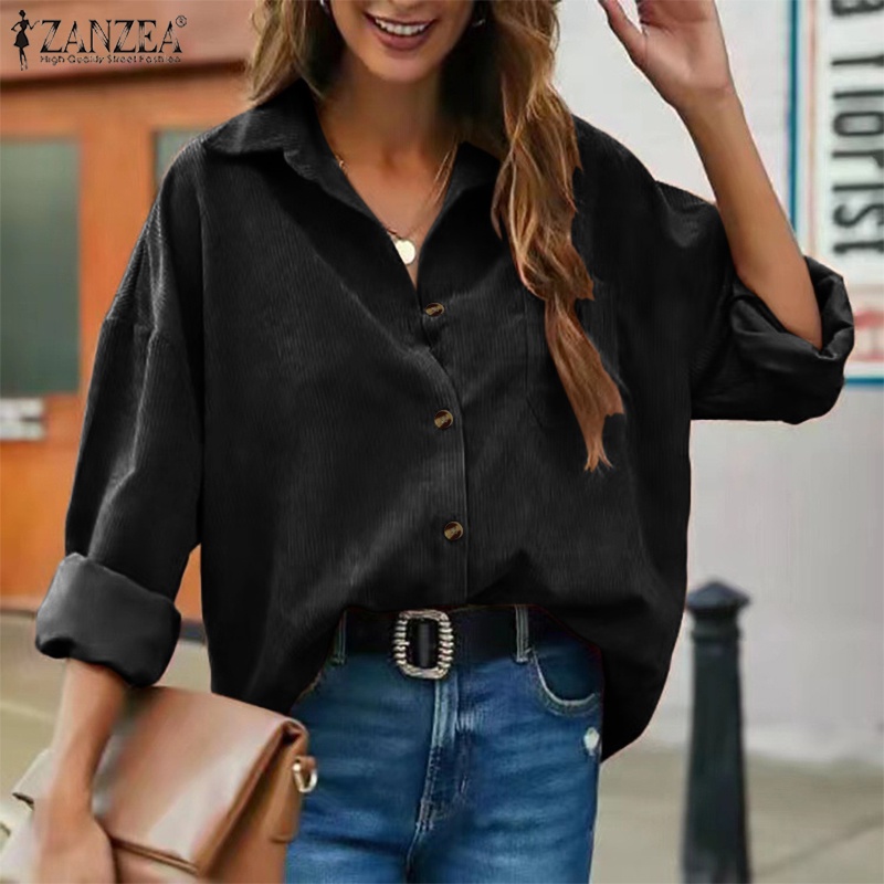 ZANZEA Áo Sơ Mi Dài Tay Vải Nhung Phong Cách Châu Âu Thời Trang Cho Nữ