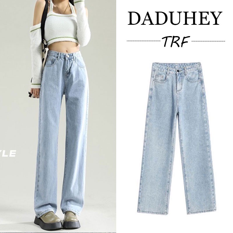 DaDuHey💕 New Korean Version of INS Light Blue High-waisted Jeans WOMEN'S Wide-leg Pants Large Size Trousers