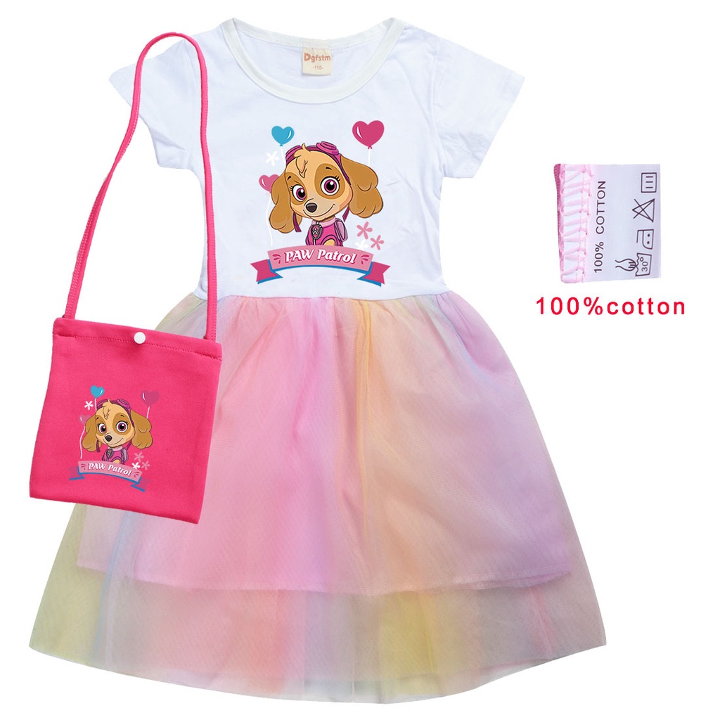 Set Đầm Xòe + Túi Cotton Tay Ngắn Họa Tiết Hoạt Hình Paw Patrol Cho Bé Gái