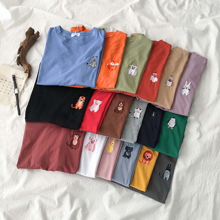 Áo Thun Ngắn Tay Cổ Tròn Thêu Họa Tiết Thời Trang Hàn Quốc Cho Nữ