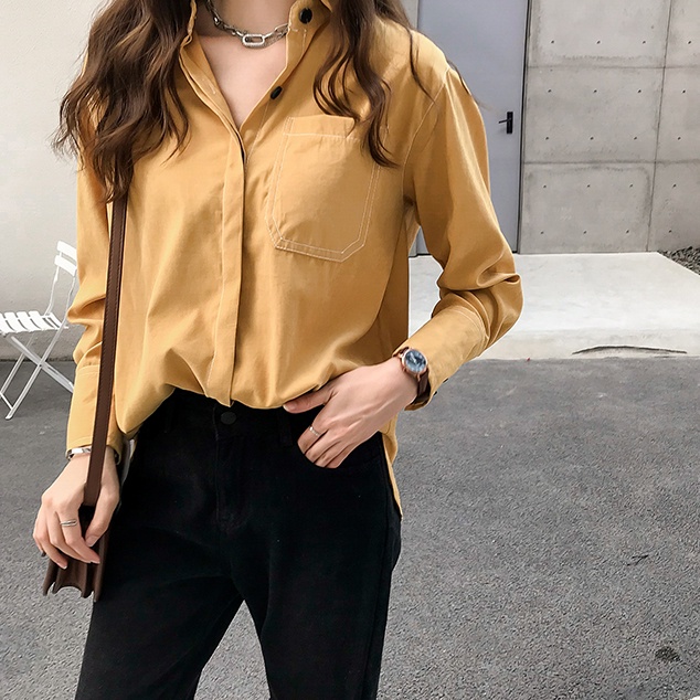 Linki Áo Sơ Mi Nữ Dài Tay Dáng Rộng Màu Trơn Phong Cách Retro Thời Trang