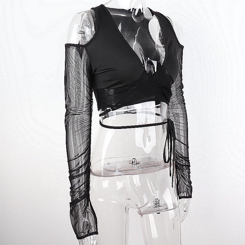 Áo Croptop Tay Dài Cổ Chữ V Màu Sắc Đơn Giản Cho Nữ