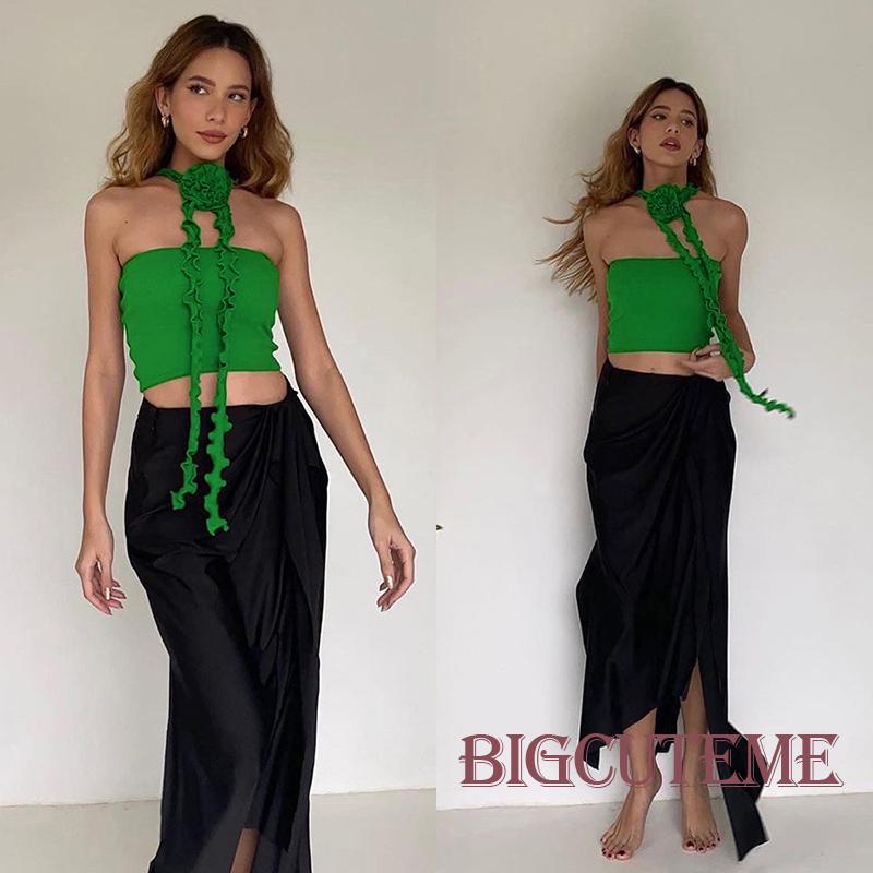 Áo Crop Top Hai Dây Cổ Thuyền Màu Trơn In Họa Tiết Hoa Thời Trang Cho Nữ