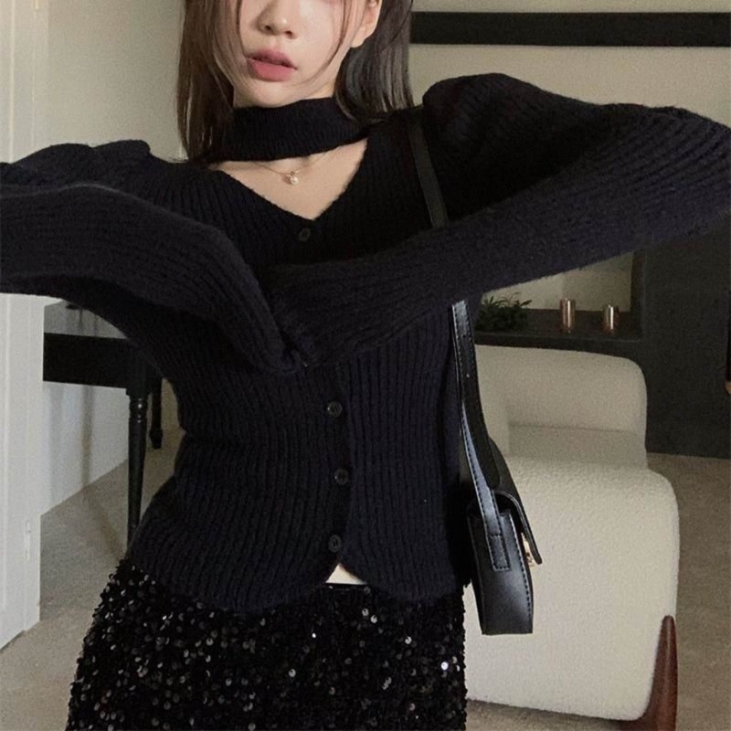 Áo Cardigan Dệt Kim Tay Dài Cổ Yếm Phối Nút Đơn Giản Trẻ Trung