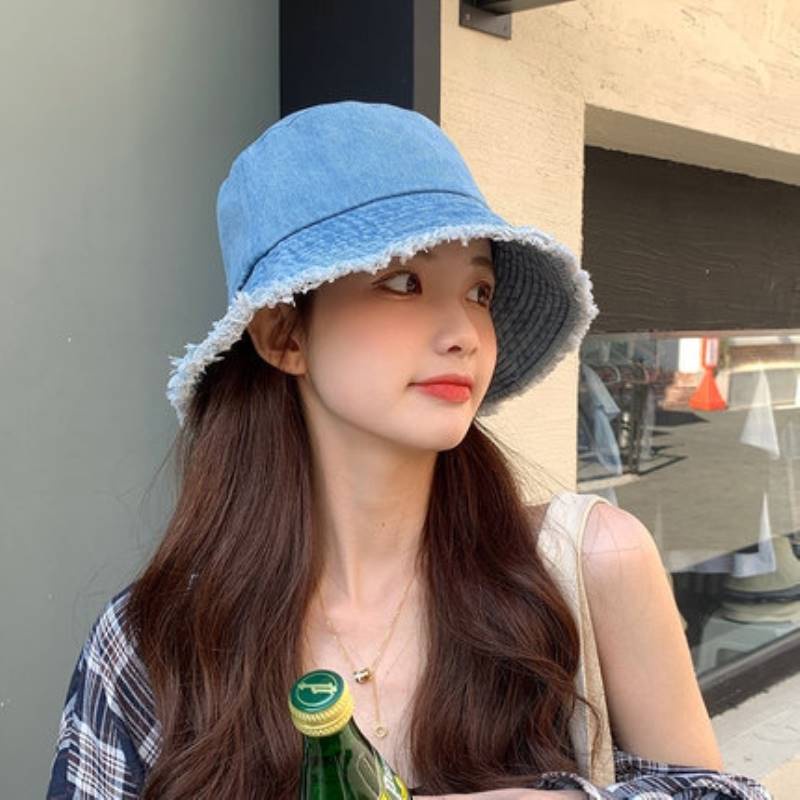 Mũ Bucket Che Phủ Mặt Bằng Vải Denim Sờn Thoáng Khí Thời Trang Xuân Thu Dành Cho Bạn Nữ
