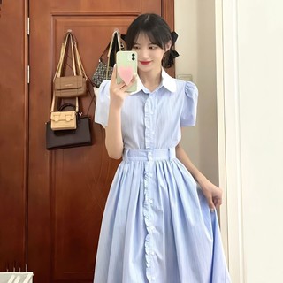 2024Đầm Dáng Chữ a Cổ Vuông Họa Tiết Kẻ Sọc Màu Xanh Dương Ngọt Ngào Thời Trang Mùa Hè Cho Nữ