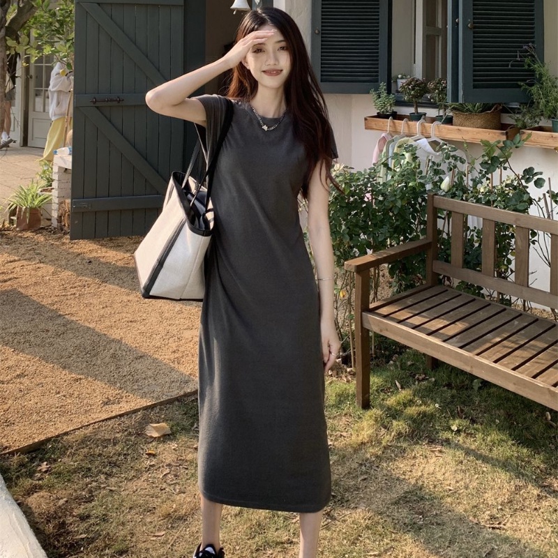 COZOK Đầm Tay Ngắn Cổ Tròn Phong Cách Hàn Quốc Thời Trang Cho Nữ