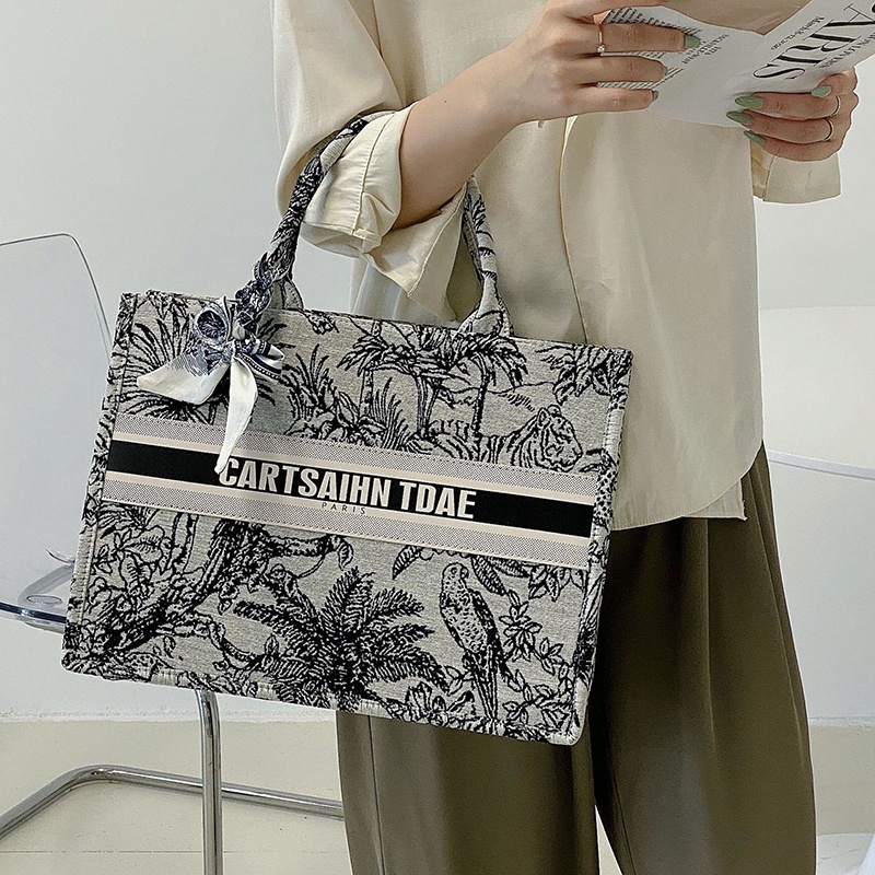 Ielgy Túi Xách Lụa Đeo Vai Sức Chứa Lớn Họa Tiết Tranh Sơn Dầu Đính Ngọc Trai Có Dây