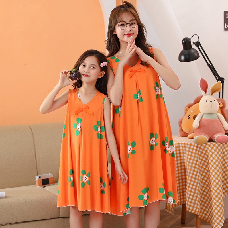 Đầm Ngủ Cotton Lụa Mỏng Không Tay Đính Nơ Dễ Thương Thời Trang Mùa Hè Dành Cho Mẹ Và Bé Gái Kích Thước 100-Xl