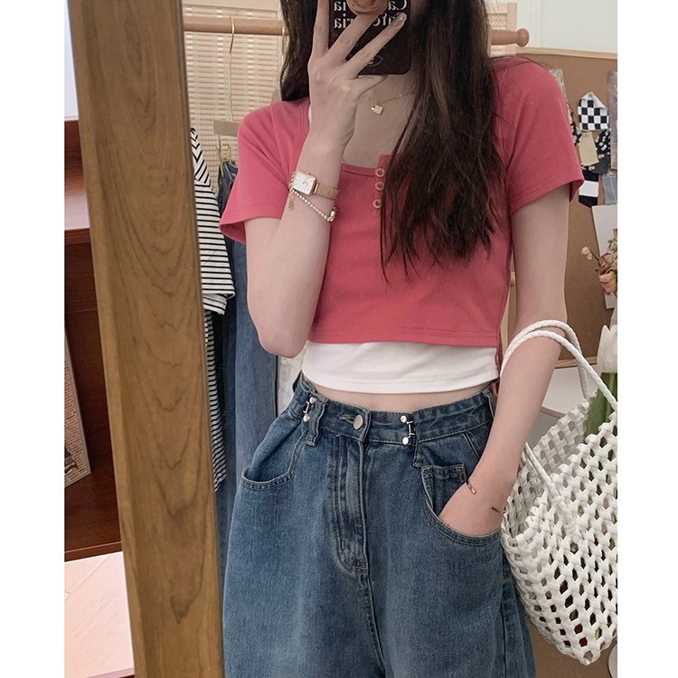 Nzn Áo Thun Crop top Tay Ngắn Giả Hai Lớp Đa Năng Dành Cho Bạn Nữ